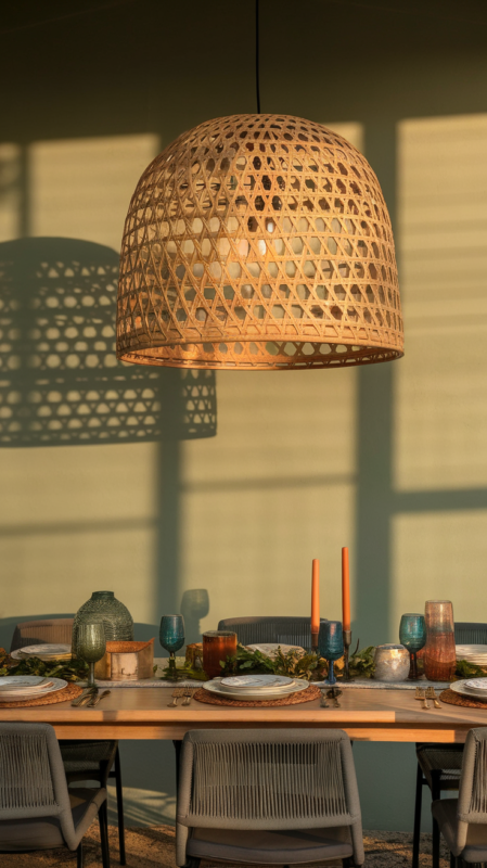 Dramatic oversized woven pendant light hanging over modern white oak dining table