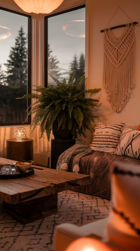 Evening scene of boho living room