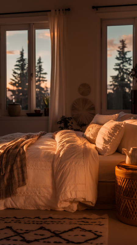 Evening scene of classic boho bedroom