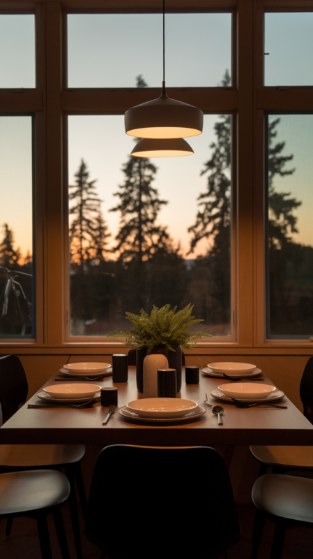 Evening scene of modern casual dining room