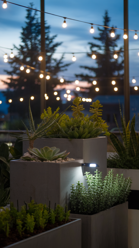 Evening shot of thriving modern container garden