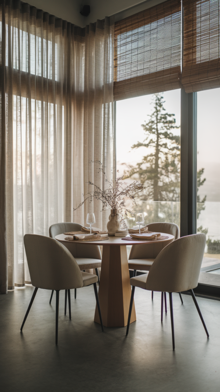 Floor-to-ceiling sheer linen curtains framing large windows