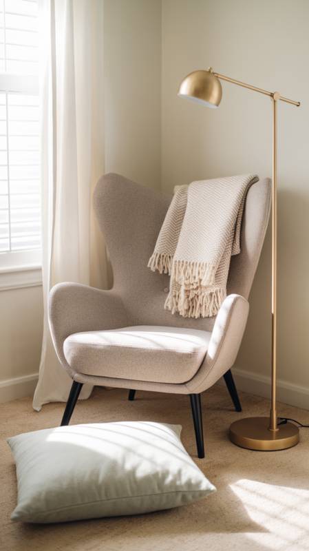 Guest room corner featuring modern accent chair, textured throw blanket, floor pillow meditation space, and minimalist gold floor lamp