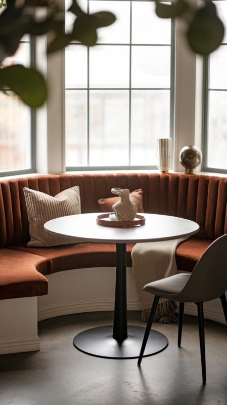 Intimate dining nook featuring curved banquette in performance velvet