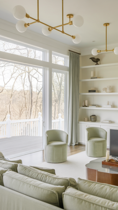 Modern Chill Living Room Design - gold light fixtures, sage green textiles, minimal white shelving