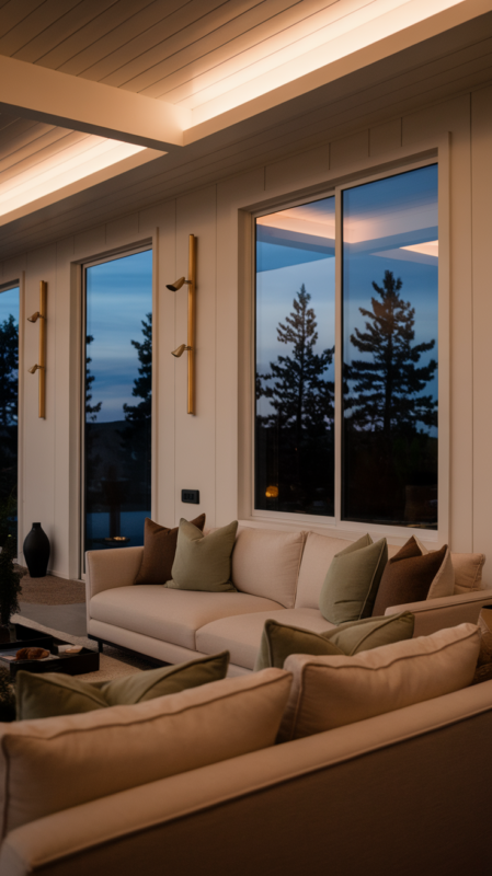 Modern Chill Living Room Design -Evening setting in modern ranch living room, showing layered lighting with gold fixtures, white walls glowing warm, sage green accent pillows on neutral sofa, pine trees silhouetted through windows