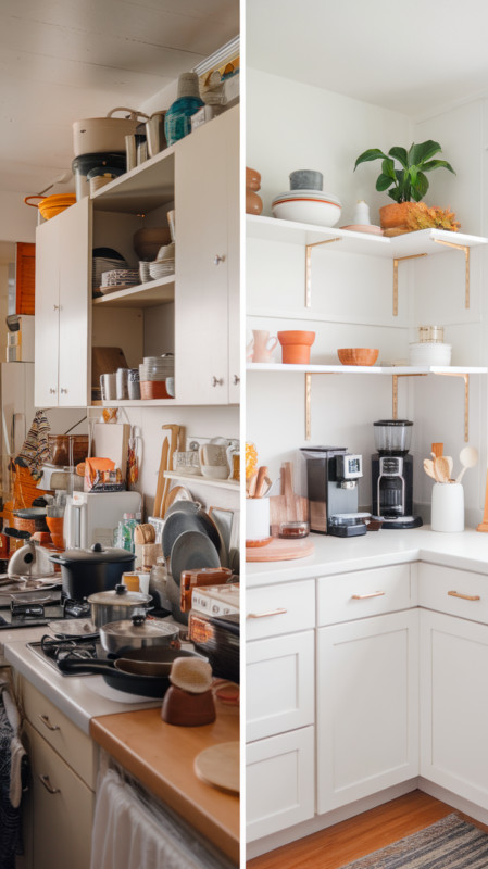 Modern Kitchen Decor - Before/after split image of kitchen organization transformation