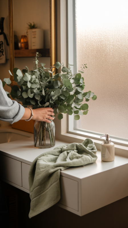 Modern Neutral Bathroom - Person arranging fresh eucalyptus on a floating white vanity