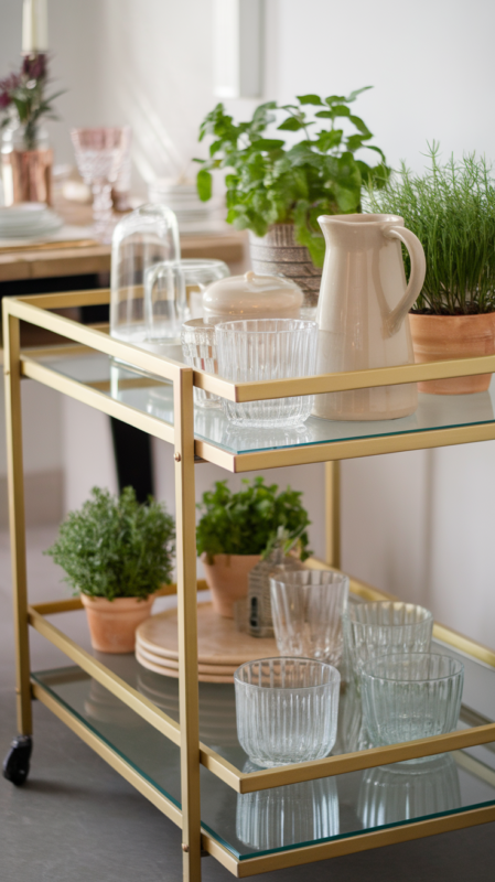 Modern bar cart styled as serving station beside dining area