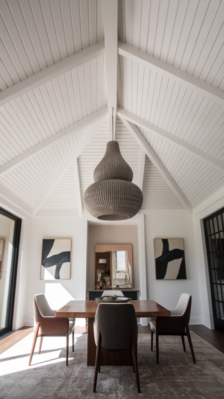 Modern beadboard ceiling treatment painted white