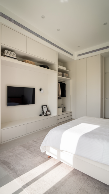 Modern bedroom design storage solutions in action