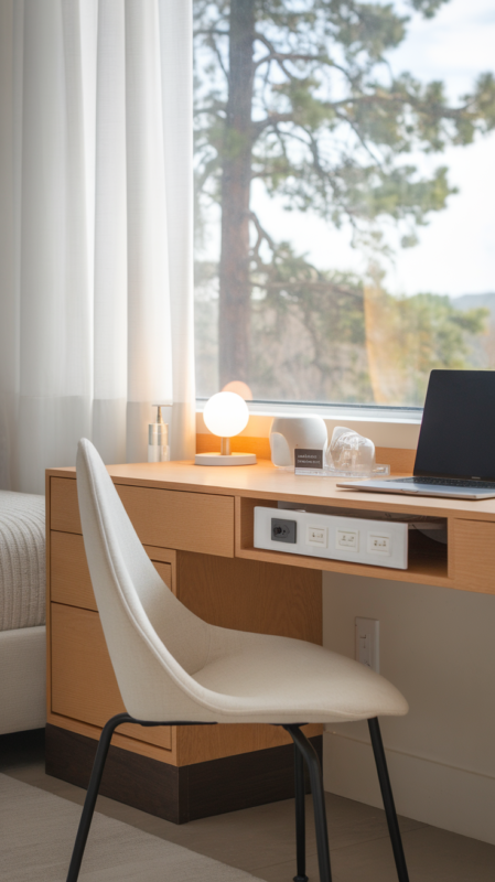 Modern guest room showing multifunctional setup