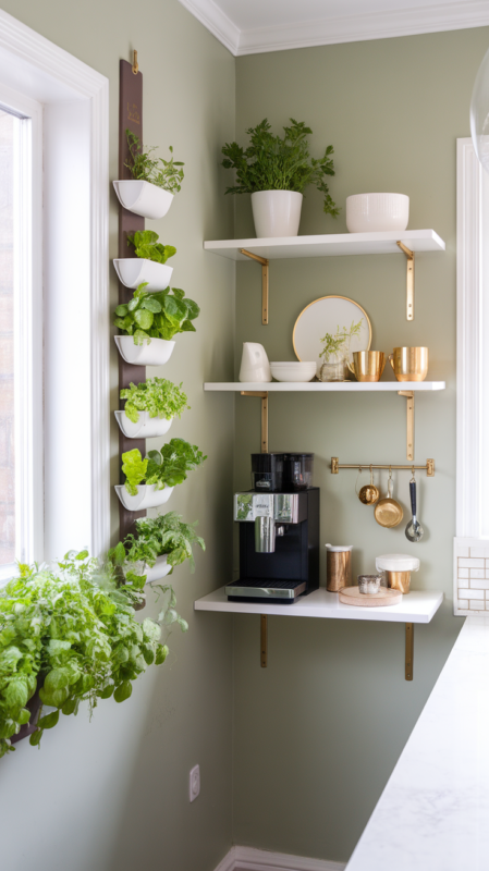 Modern kitchen Decor vignette featuring vertical herb garden near window