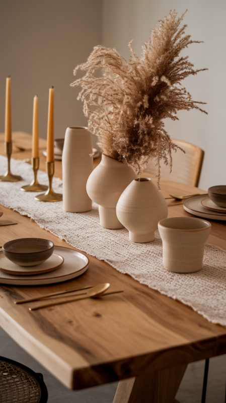 Modern wooden dining table styled with textured linen runner