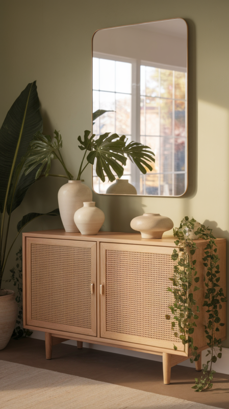 Modern wooden sideboard with rattan front panels and gold hardware