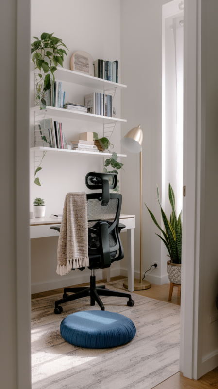 Office corner featuring ergonomic chair with woven throw