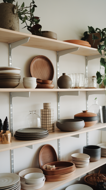 Open shelving displaying curated collection of modern ceramic dishes