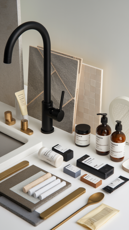 Organized display of modern neutral bathroom essentials