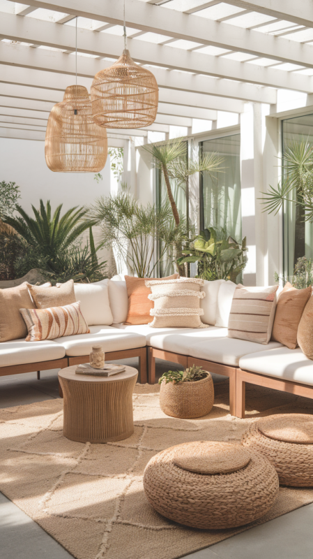 Outdoor living area featuring modern sectional with boho pillows