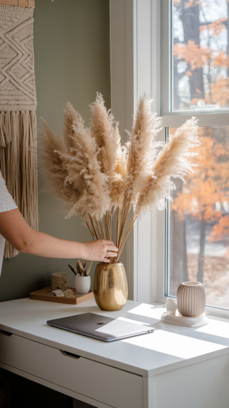 Person arranging dried pampas grass in gold vase on modern white desk