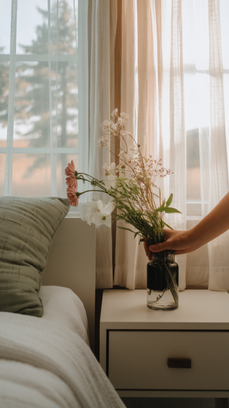 Person arranging fresh wildflowers in a minimal black vase on a white nightstand in a Modern Guest Room