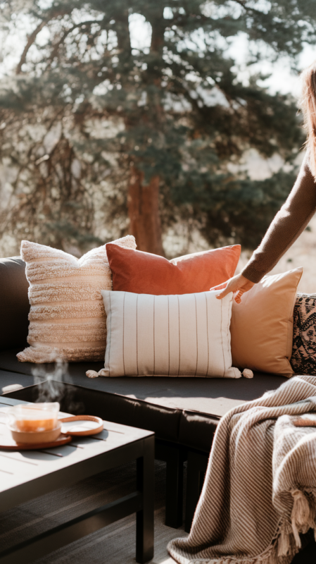 Person arranging modern outdoor pillows on minimal black sectional