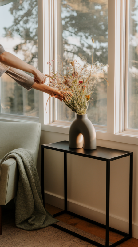 Person arranging modern vase with wildflowers on minimal black console table