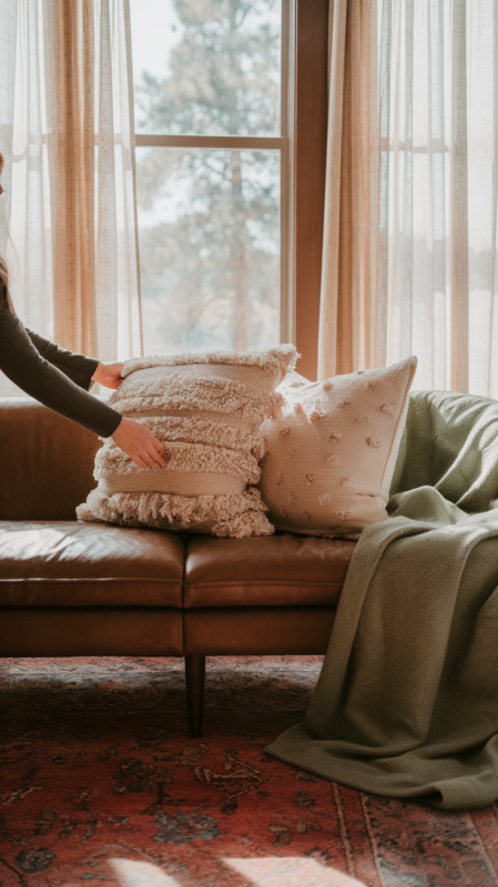 Person arranging textured pillows on modern sofa, morning light filtering through sheer curtains