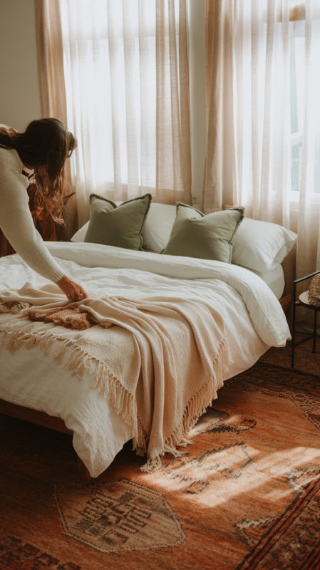 Person making a classic boho bedroom bed with white linens and textured throws