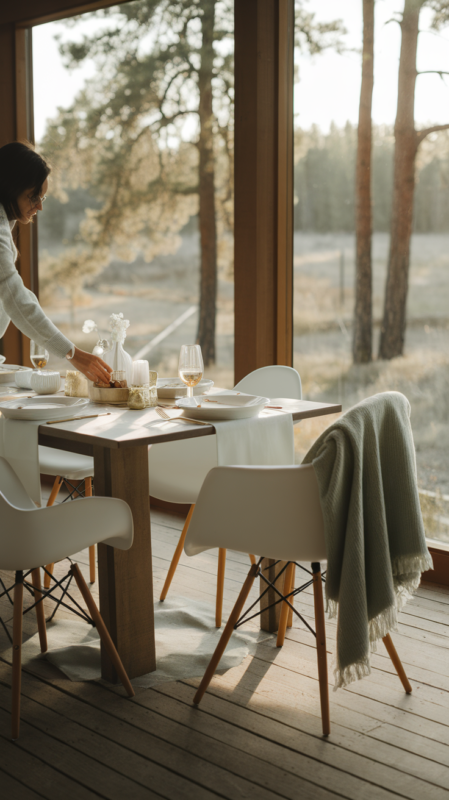 Person setting modern casual table with white linens and minimal gold accents