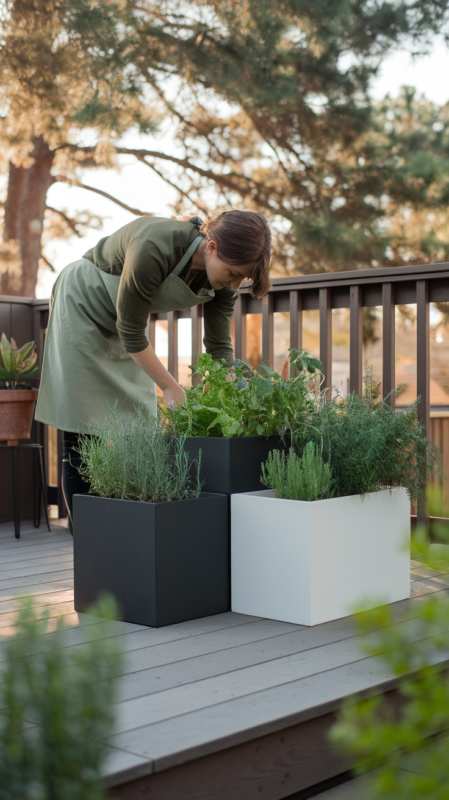 Person tending to modern container herb garden on deck