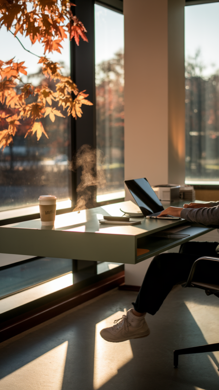 Person working at home office modern floating desk