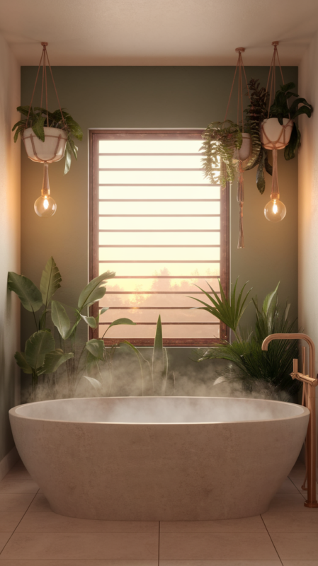 Serene evening scene in spa boho bathroom