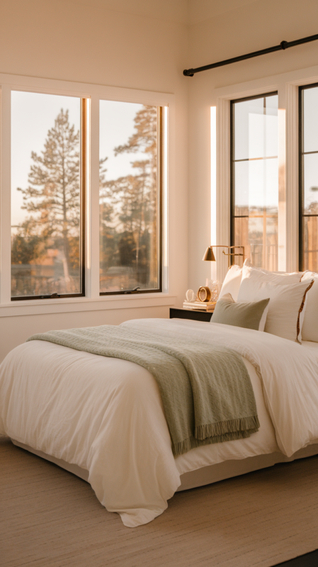 Serene modern guest room at sunset, showing full room layout with white bedding, sage green accents, gold details, and black frames