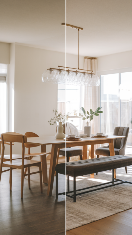 Split screen before/after of dining room transformation