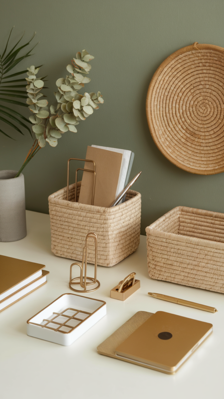 Styled collection of modern boho office essentials