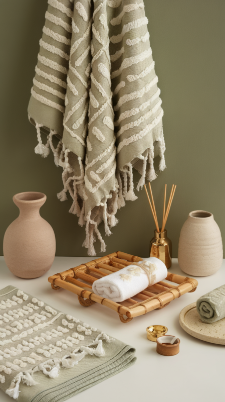 Styled collection of spa boho bathroom essentials