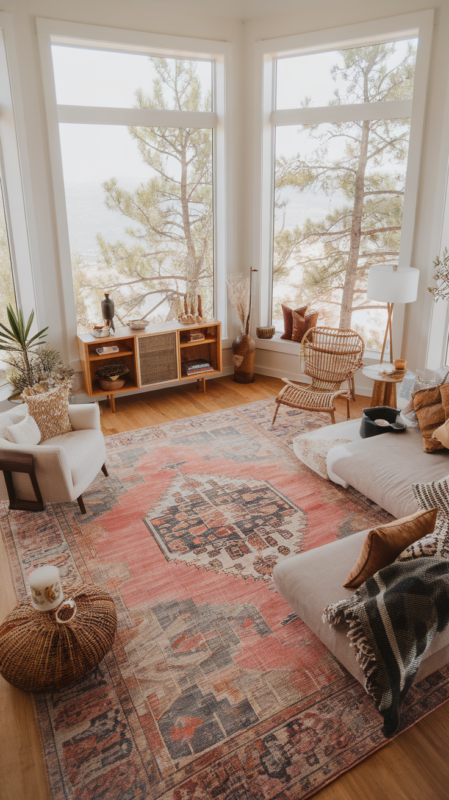 Wide shot of boho living room showing different zones