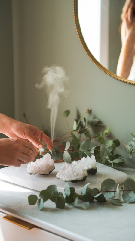 Woman arranging eucalyptus branches and crystal clusters on white quartz vanity top