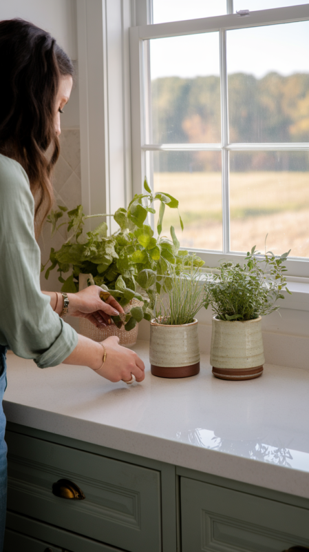 Woman arranging fresh herbs in handmade ceramic pots on white quartz countertop