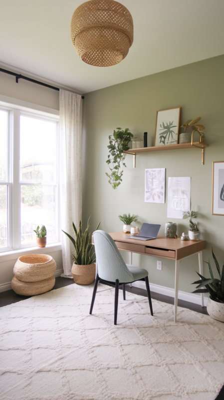 basic home office transformed into modern boho workspace