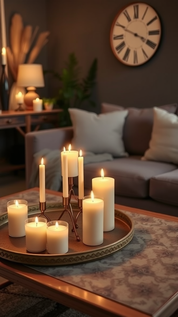 A cozy living room setting with scented candles arranged on a tray, creating a warm and inviting atmosphere.