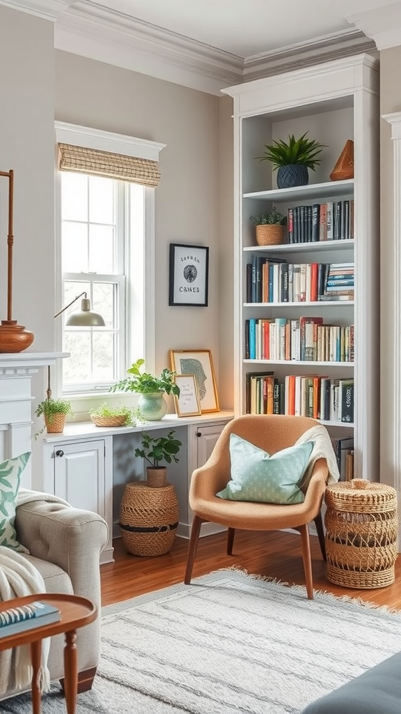 Cozy reading nook with a chair, bookshelf, and plants.