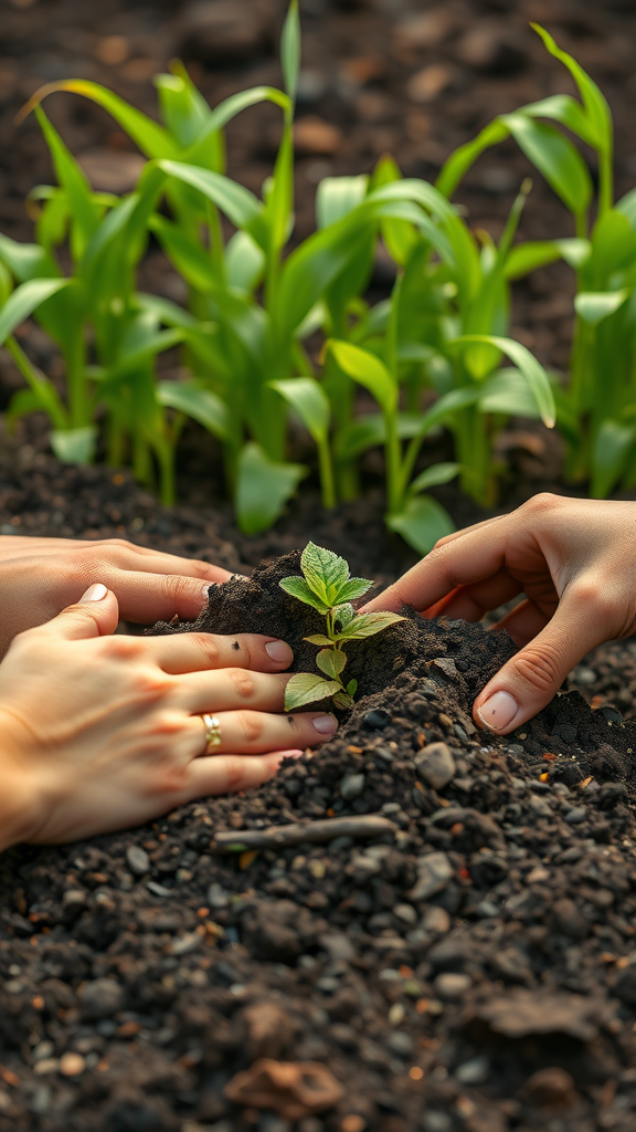 Hands planting a young plant in rich soil with green shoots in the background