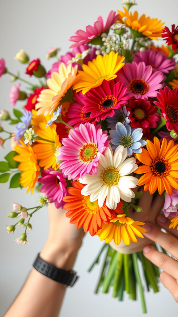 Colorful bouquet of flowers being held with both hands.