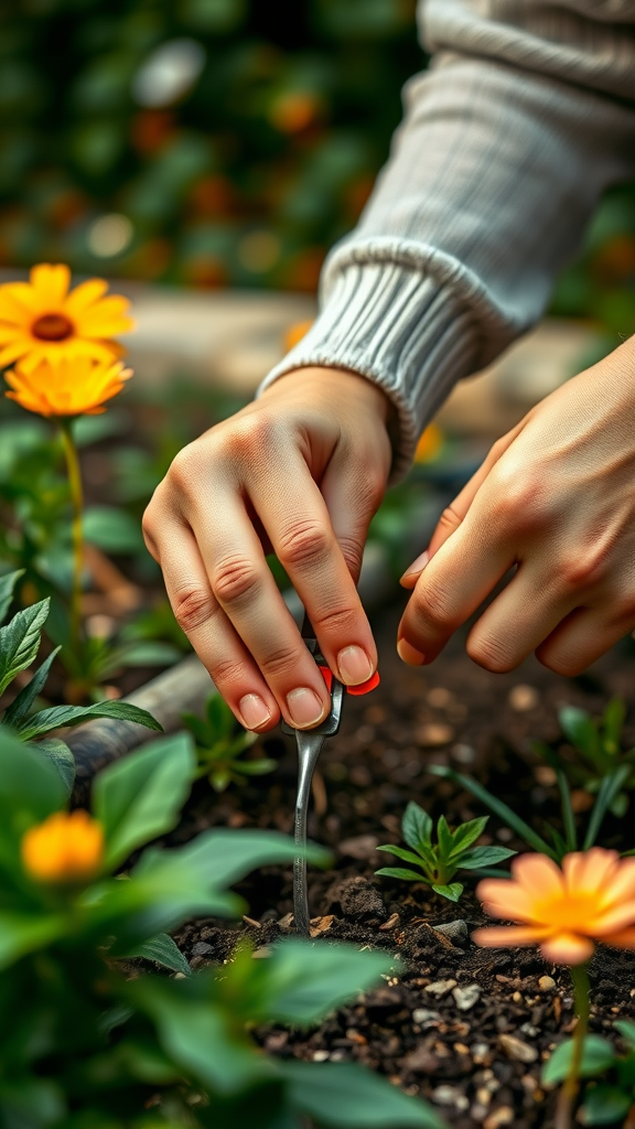 A close-up of hands planting in soil surrounded by orange flowers.