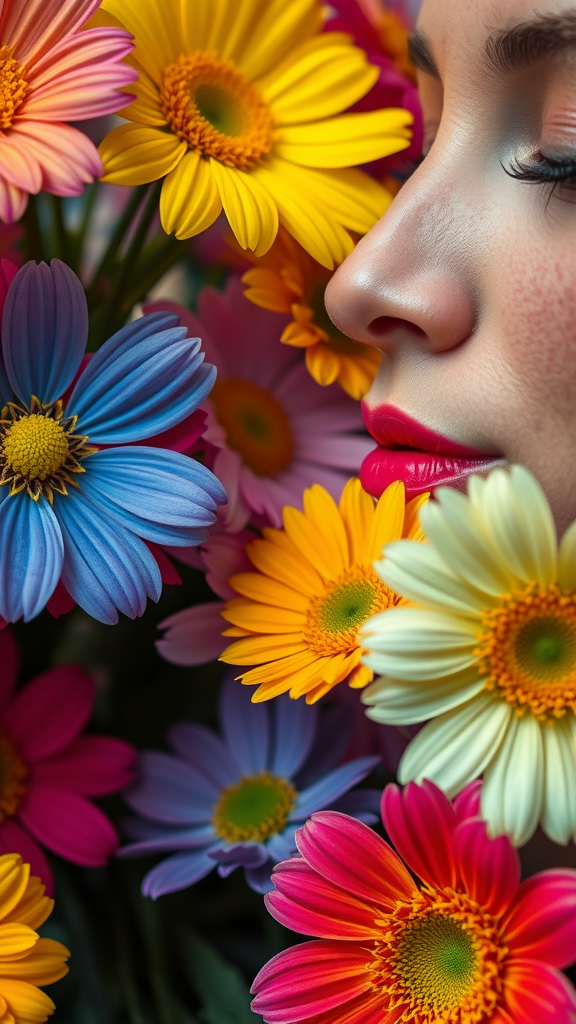 A close-up image of a woman surrounded by colorful daisies, showcasing vibrant flowers and a serene expression.