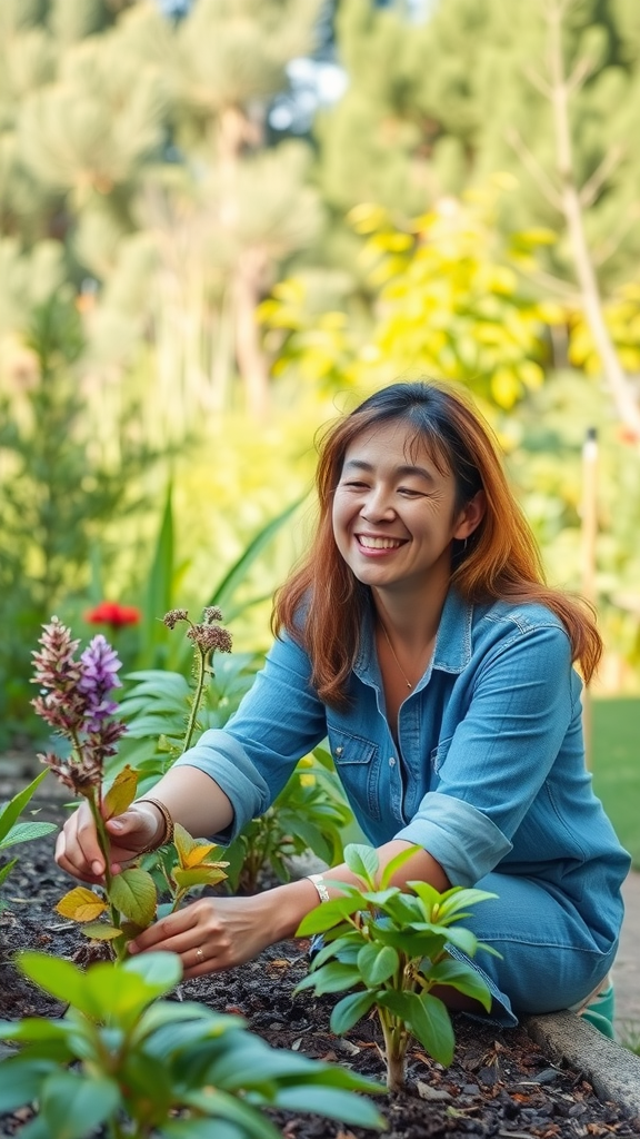 A woman smiling while planting flowers in a garden, surrounded by greenery.