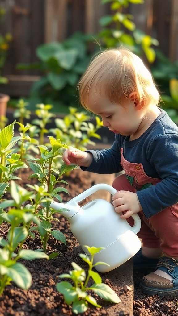 A young child watering plants in a garden