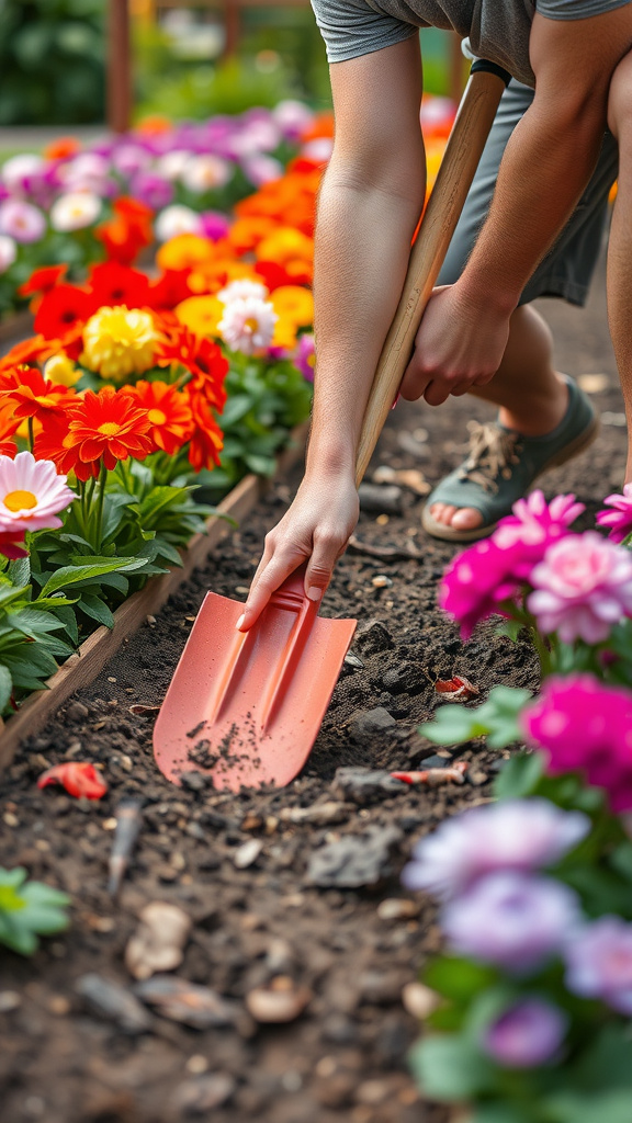 A person digging in a colorful flower bed with a shovel.